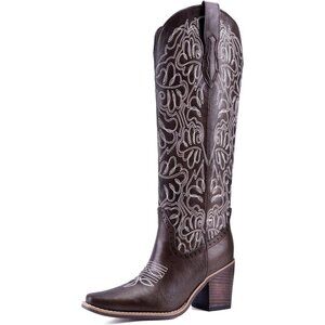 ⚡Women‘s Dark Brown Faux Leather Cowgirl Embroidered Knee High Chunky Heel Boots
